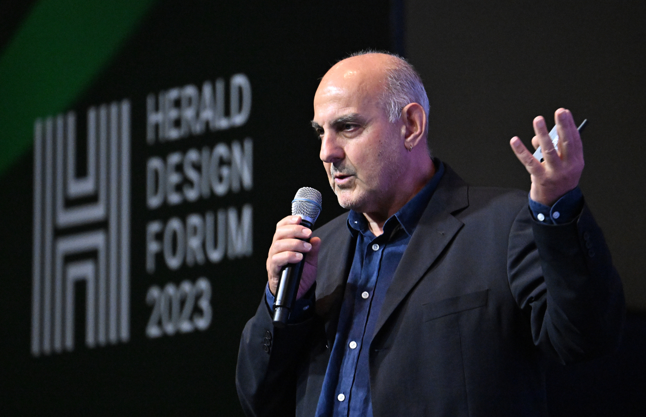 Italian designer and professor Francesco Scianni talks during the Herald Design Forum 2023 on Tuesday at the Shilla Seoul. (Im Se-jun/The Korea Herald)