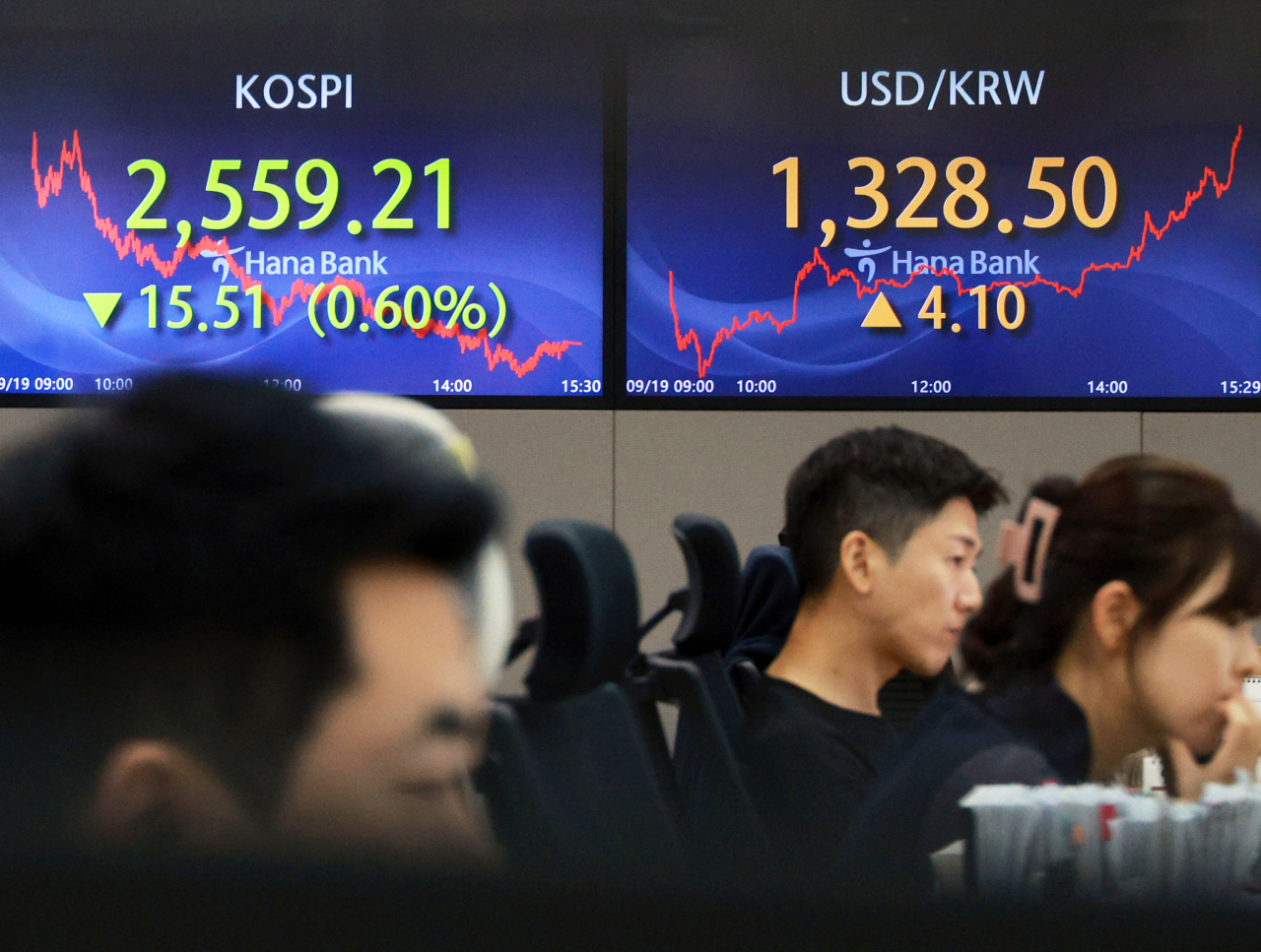 An electronic board showing the Korea Composite Stock Price Index at a dealing room of the Hana Bank headquarters in Seoul on Wednesday (Yonhap)