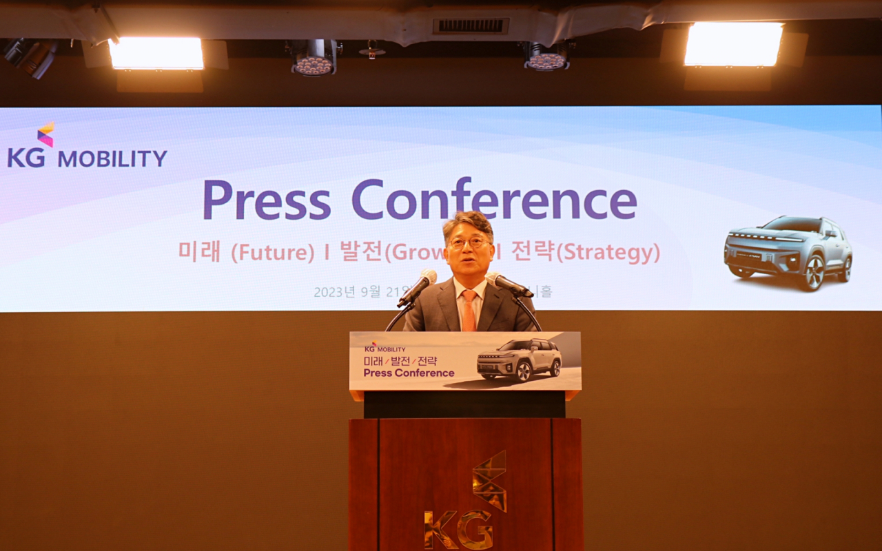 KG Mobility Chairman Gwak Jae-sun speaks during a press conference at KG Tower in Jung-gu, Seoul on Thursday. (KG Mobility)