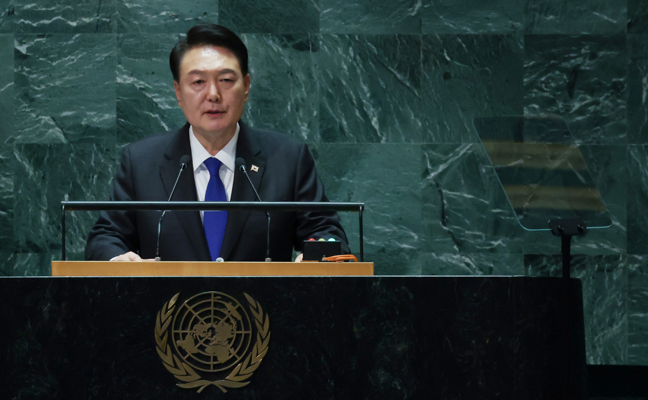 South Korean President Yoon Suk Yeol delivers a speech during the annual United Nations General Assembly in New York on Wednesday. (Yonhap)