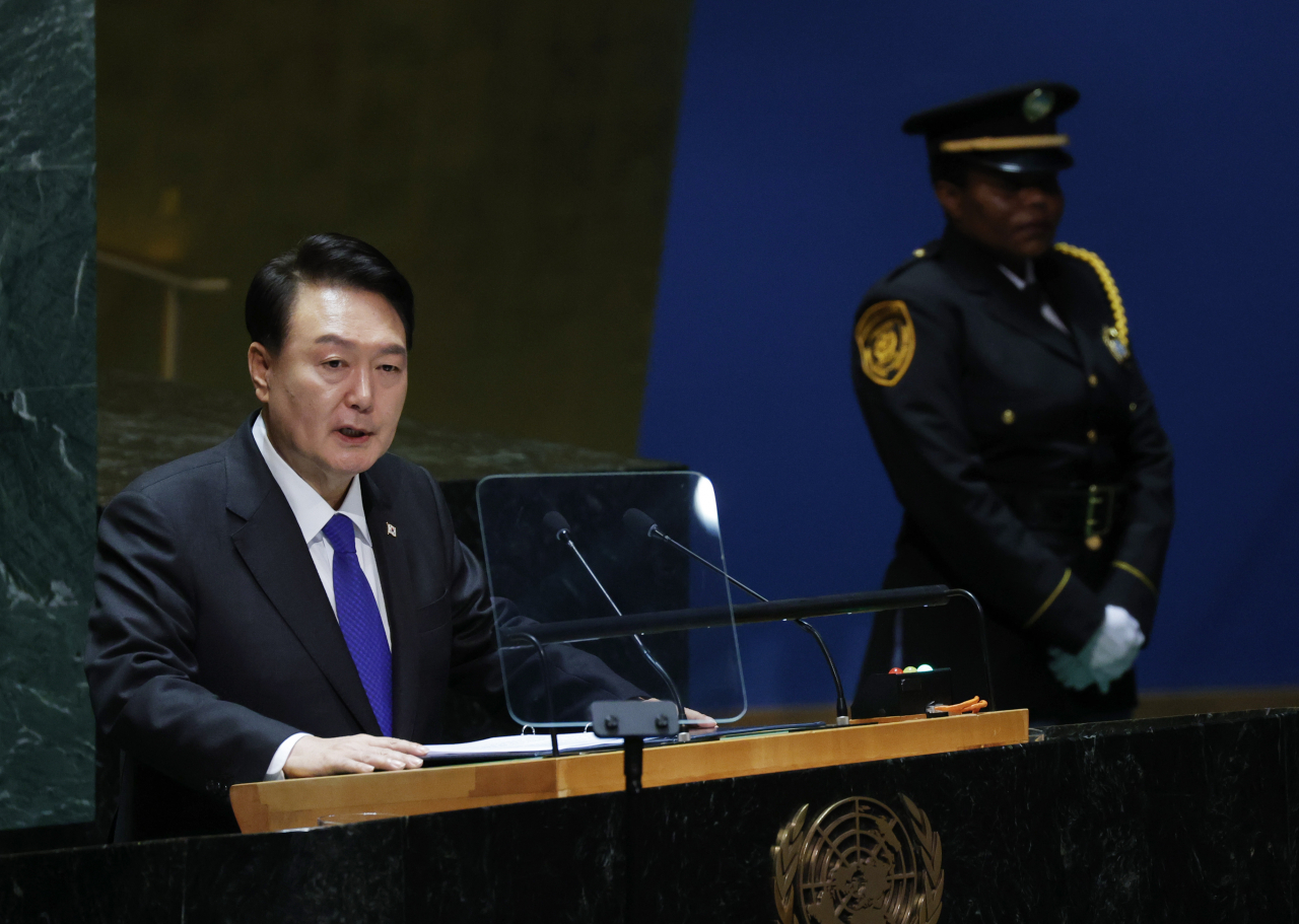 President Republic of Korea Yoon Suk Yeol speaks at the UN General Assembly 78th session General Debate in UN General Assembly Hall at the United Nations Headquarters on Wednesday in New York City. (UPI-Yonhap)