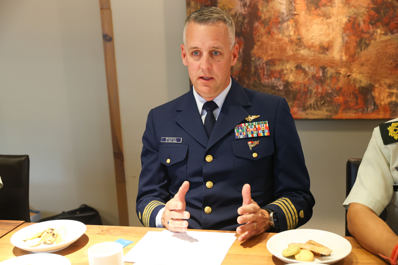 Captain Corey Braddock, chief of the US Coast Guard's Office of Expeditionary Logistics, speaks during a roundtable interview with The Korea Herald in Seoul. (Park Chan-young/UN Women)