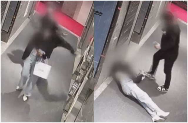 Still images from CCTV footage show a man violently attacking a woman in Busan in May 2022. (Courtesy of JTBC)
