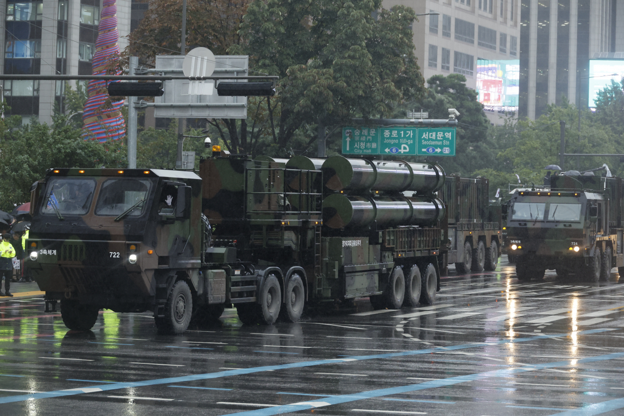 The homegrown long-range surface-to-air missile, commonly referred to as the L-SAM interceptor, makes its public debut during a military parade on Tuesday. (Yonhap - Joint Press Corps)