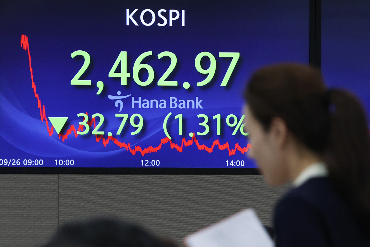 An electronic board showing the Korea Composite Stock Price Index at a dealing room of the Hana Bank headquarters in Seoul on Wednesday. (Yonhap)