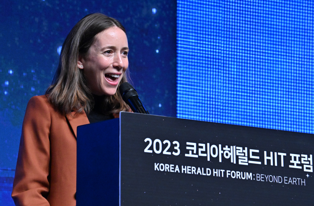 Sasha Sagan delivers a keynote speech at The 2023 Korea Herald Humanity In Tech at The Shilla Seoul on Wednesday. (Im Se-jun/The Korea Herald)