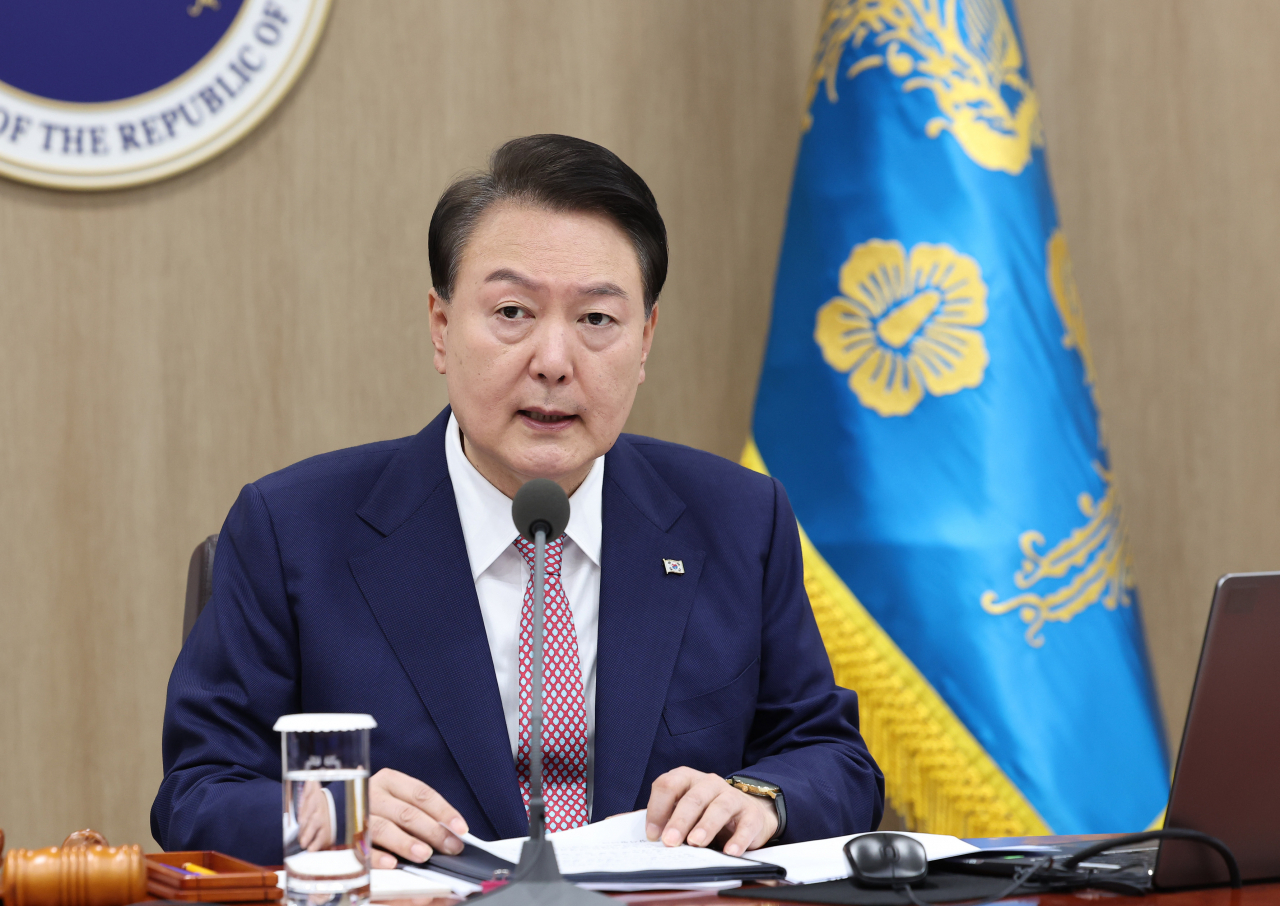 President Yoon Suk Yeol speaks during a Cabinet meeting at the presidential office in Seoul on Tuesday. (Yonhap)