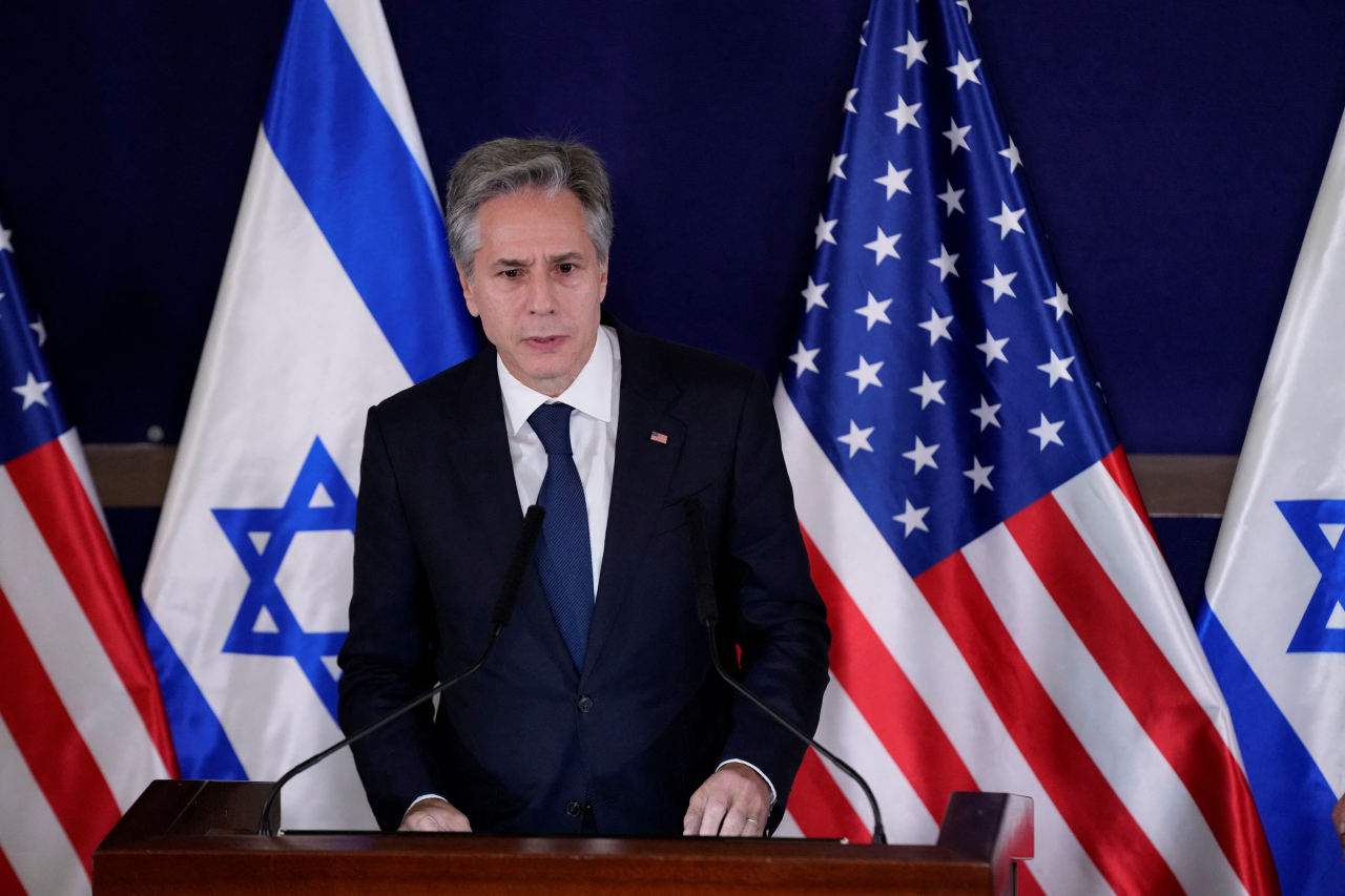 US Secretary of State Antony Blinken speaks during a press conference with Israel's Prime Minister Benjamin Netanyahu in Tel Aviv on Thursday. (Yonhap)