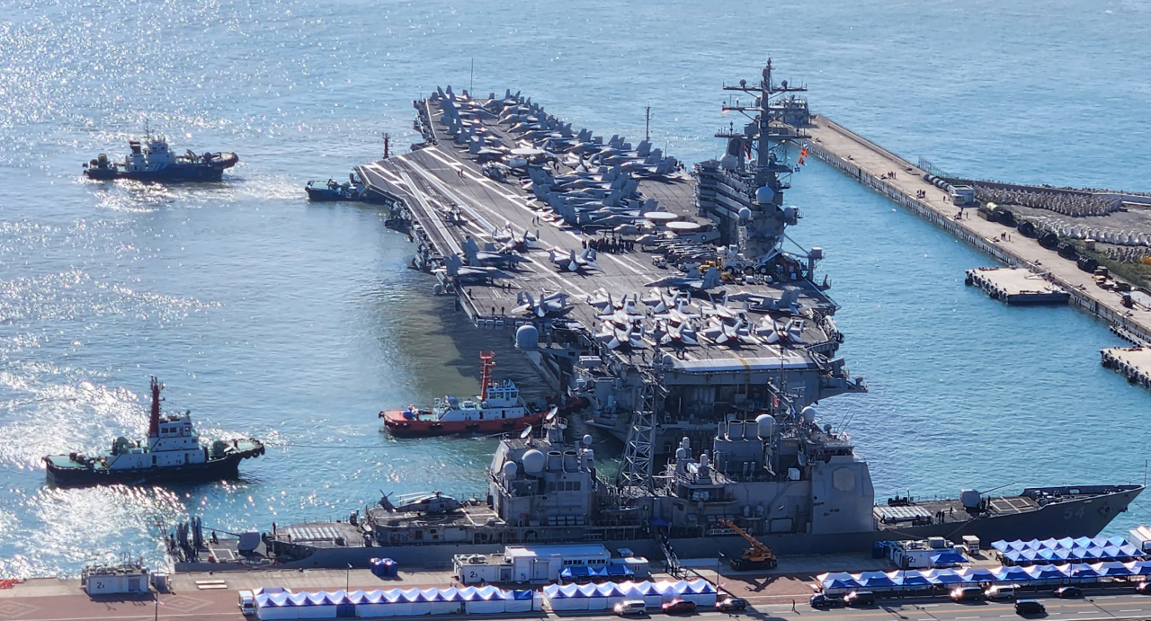 The USS Ronald Reagan aircraft carrier docks at a naval base in the southeastern port city of Busan on Thursday. (Yonhap)