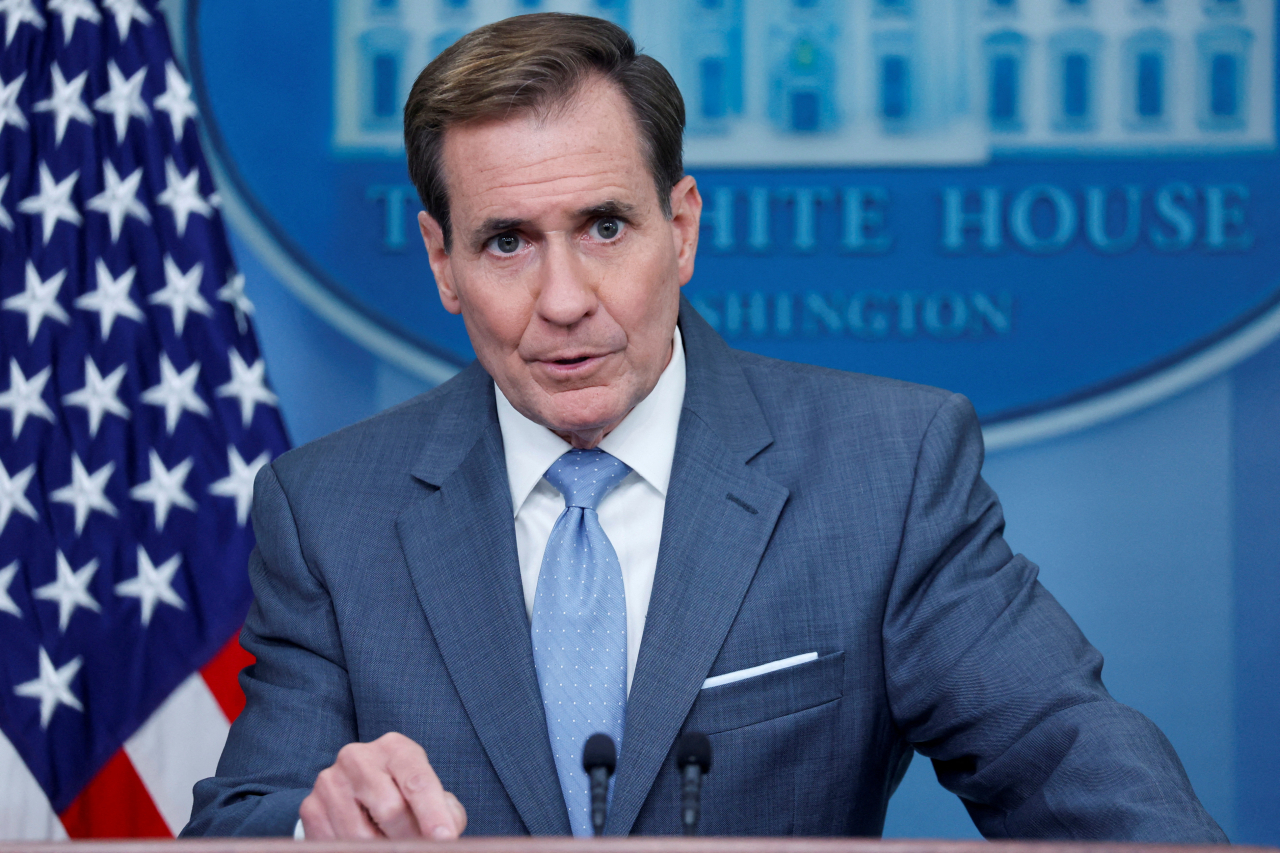 White House National Security Council Strategic Communications Coordinator John Kirby joins White House Press Secretary Karine Jean-Pierre for the daily press briefing at the White House in Washington, US, Thursday. (Reuters-Yonhap)