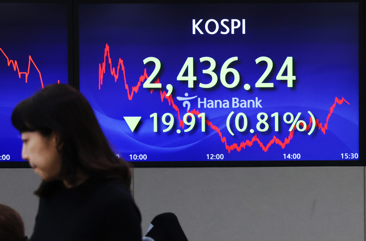 An electronic board showing the Korea Composite Stock Price Index at a dealing room of the Hana Bank headquarters in Seoul on Wednesday. (Yonhap)