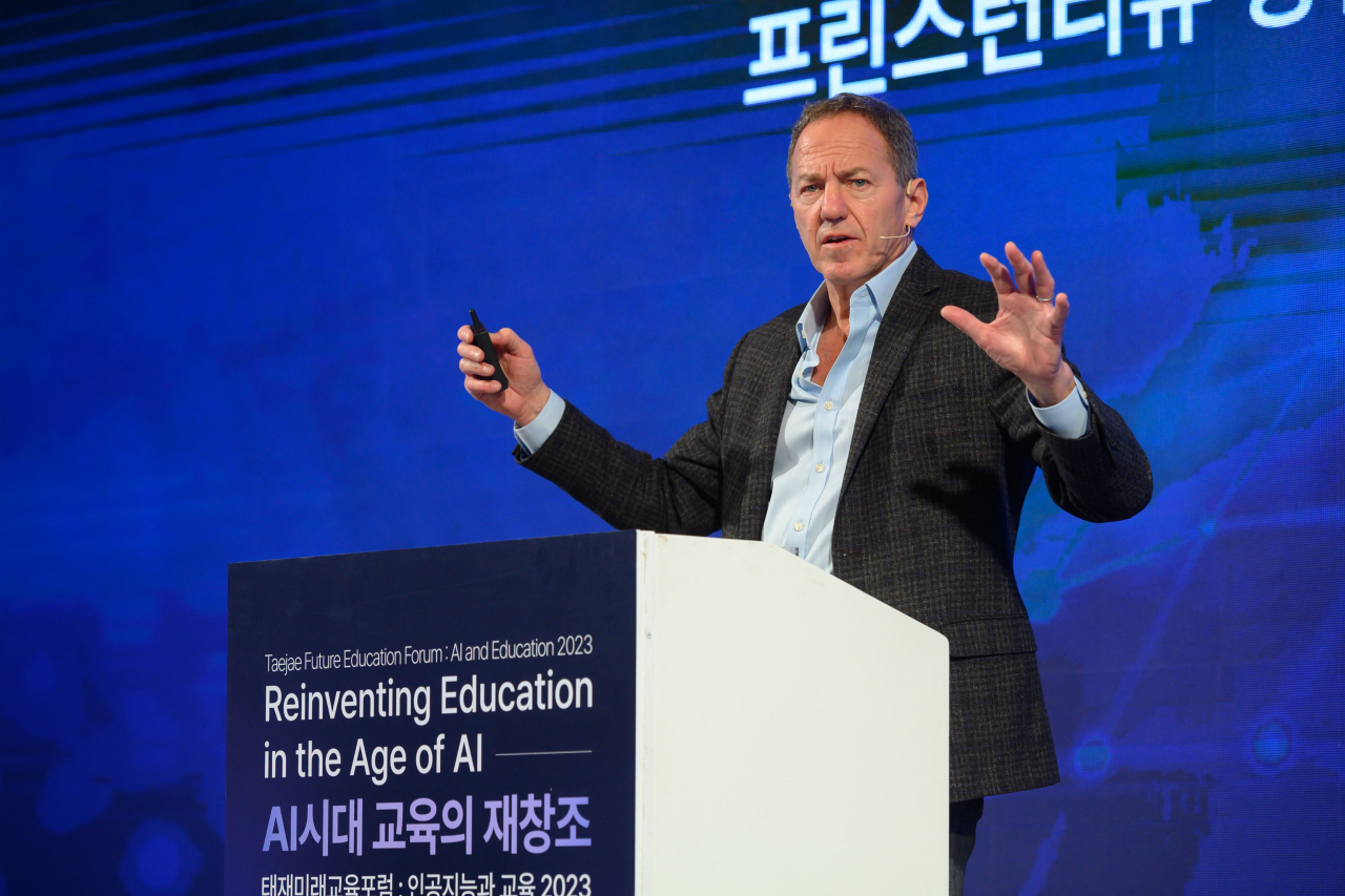 John Katzman, co-founder of The Princeton Review, speaks at an AI education forum hosted by Taejae University at the campus of Yonsei University in Seoul, Monday. (Taejae University)