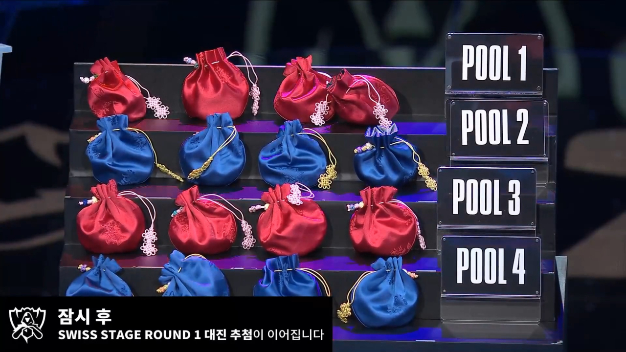 A screenshot shows traditional knotted Korean bags of different colors displayed for the Swiss stage draw. (Riot Games, Naver)