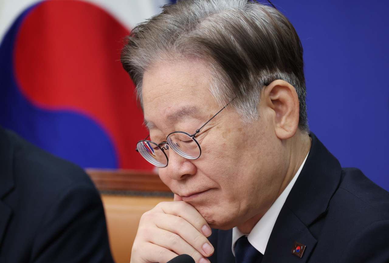 Lee Jae-myung, the chairman of the Democratic Party, attends a party meeting on Monday (Yonhap)