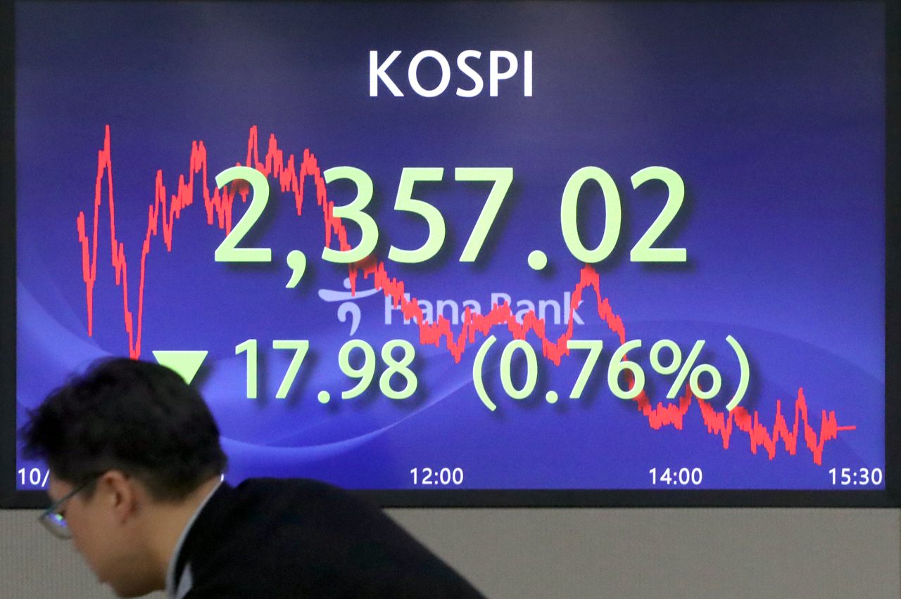 An electronic board showing the Korea Composite Stock Price Index at a dealing room of the Hana Bank headquarters in Seoul on Wednesday. (Yonhap)