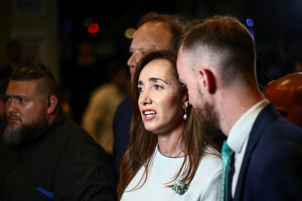 Victoria Villarruel, running mate of Argentina's presidential candidate Javier Milei, stands outside the campaign headquarters during Argentina's presidential election, in Buenos Aires on Oct. 22, 2023. (Reuters)