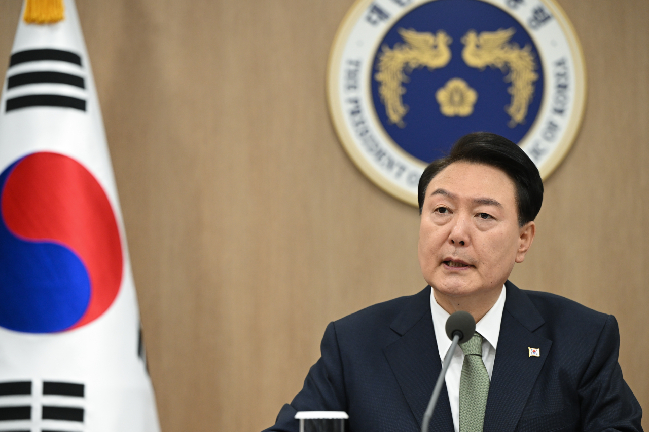 President Yoon Suk Yeol during the weekly Cabinet meeting at the presidential office in Seoul on Monday. (Yoon’s office)