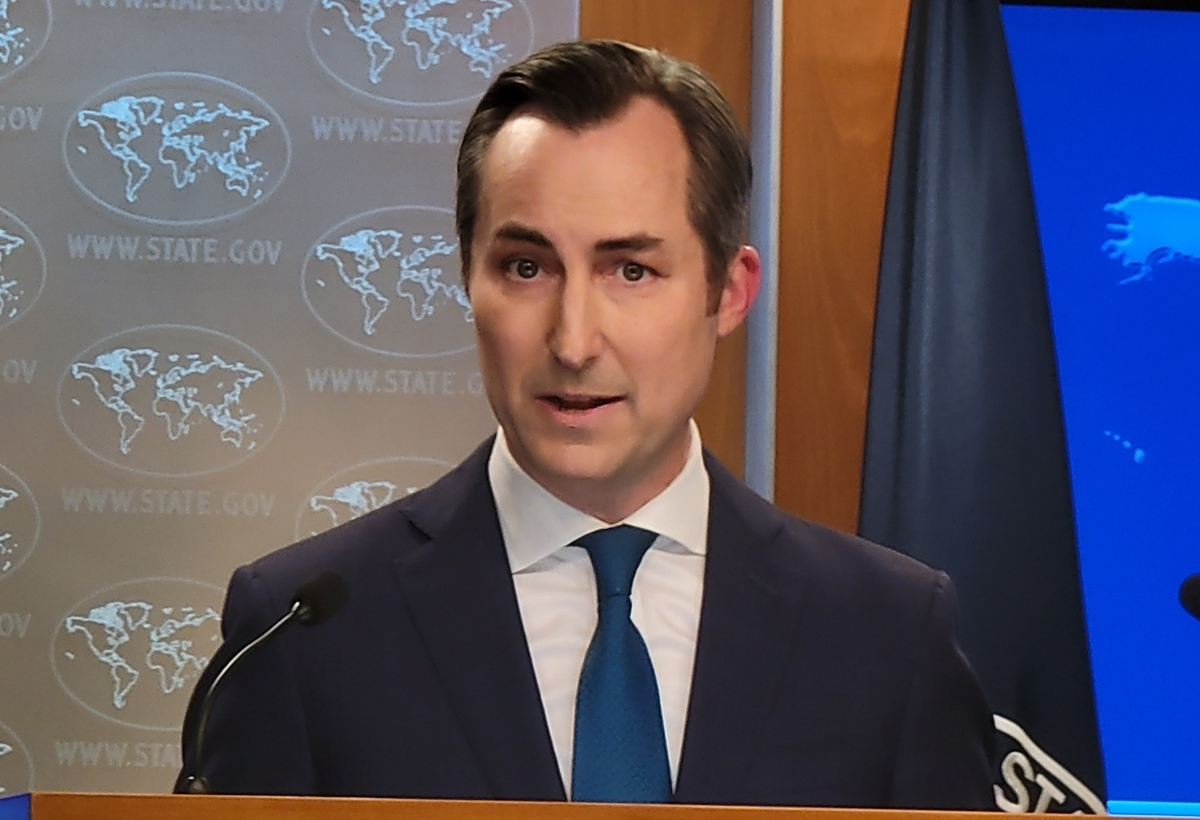Matthew Miller, State Department spokesperson, speaks during a press briefing at the department in Washington on Monday. (Yonhap)