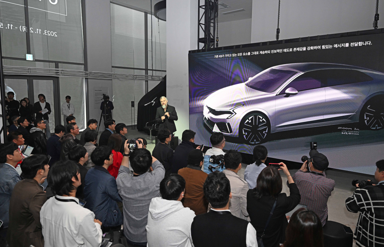 Jochen Paesen, vice president of the interior design group at Kia, speaks during a press conference for the company’s launch event of the third generation K5 sedan held in Seongdong-gu, Seoul on Wednesday. (Kia)