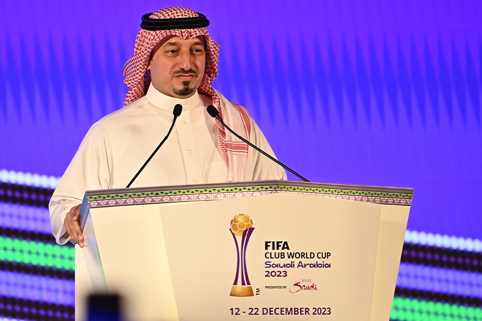 Yasser Al Misehal, president of the Saudi Arabian Football Federation, speaks during the draw for the FIFA Club World Cup Saudi Arabia 2023, in Jeddah, Saudi Arabia on Sep. 5 this year. (Yonhap)