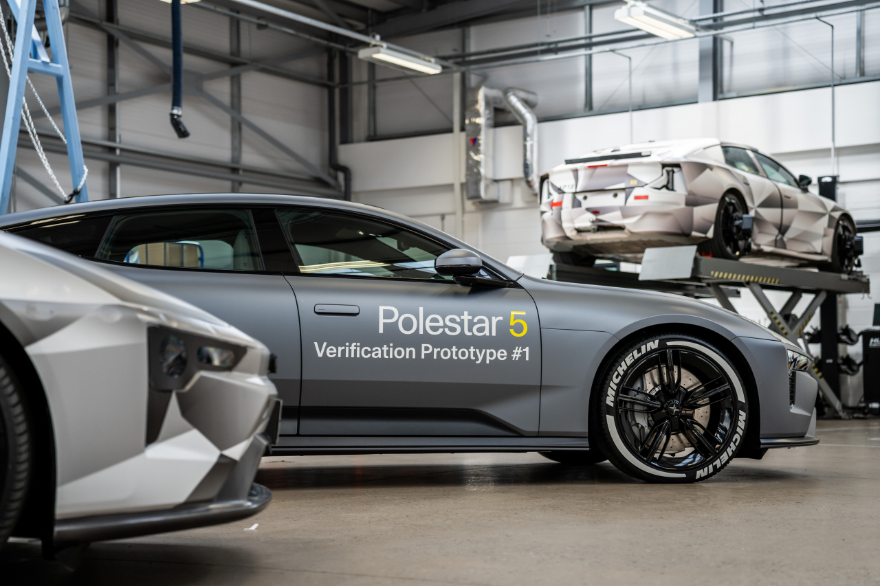 A prototype Polestar 5 is displayed at the Swedish carmaker’s research and development center in the UK. (SK On)