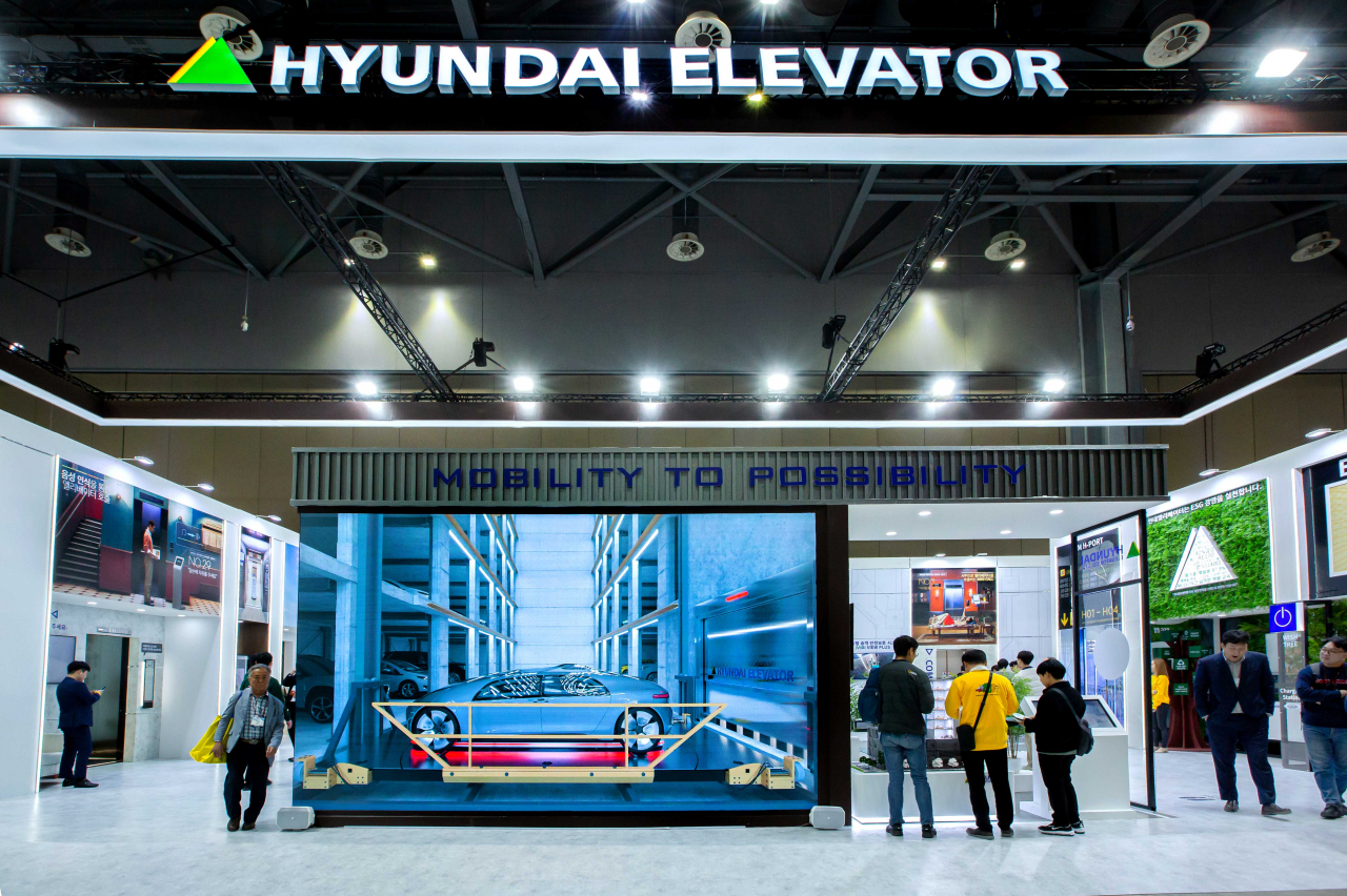 Hyundai Elevator's exhibition booth at the 2023 International Lift Expo Korea, or ILEK, runs Wednesday to Friday in Goyang, Gyeonggi Province. (Hyundai Elevator)