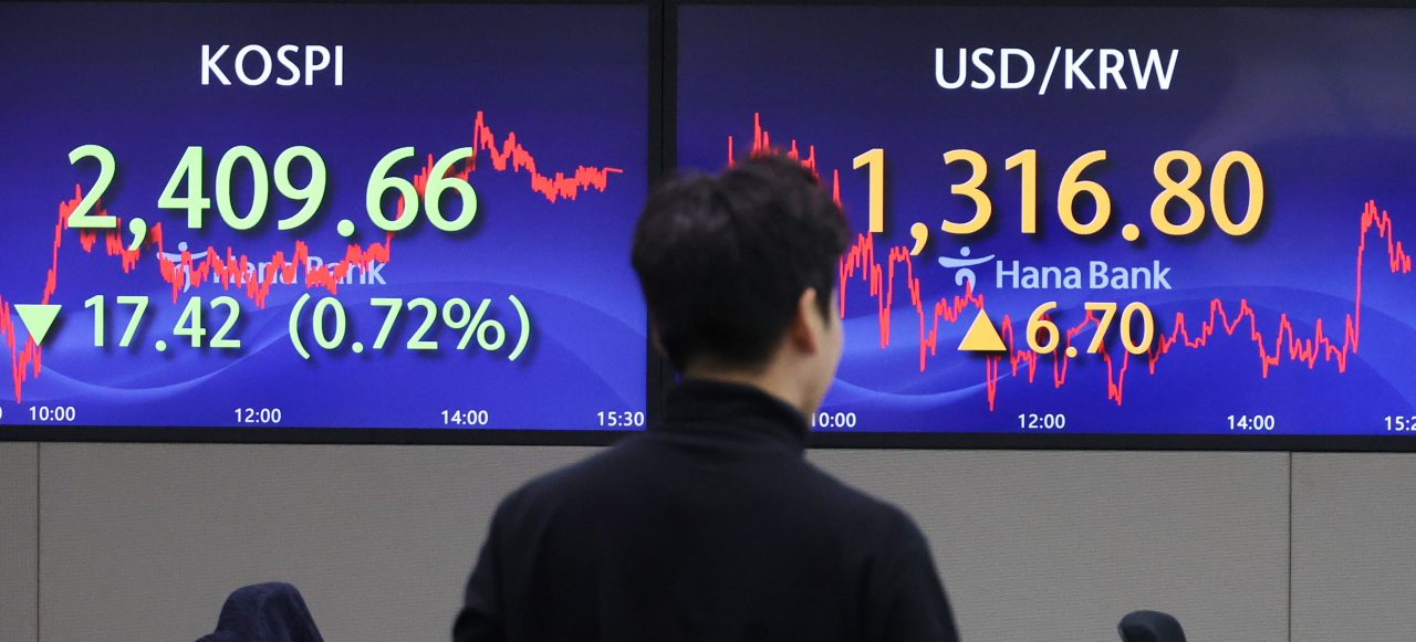 An electronic board showing the Korea Composite Stock Price Index at a dealing room of the Hana Bank headquarters in Seoul on Friday. (Yonhap)