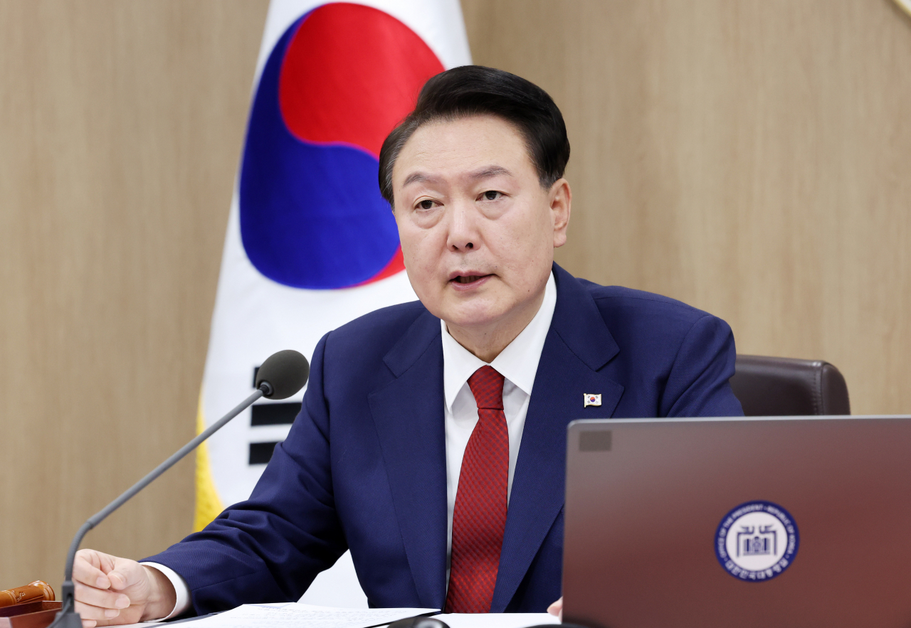 President Yoon Suk Yeol speaks during a Cabinet meeting held Tuesday at the presidential office. (Yonhap)