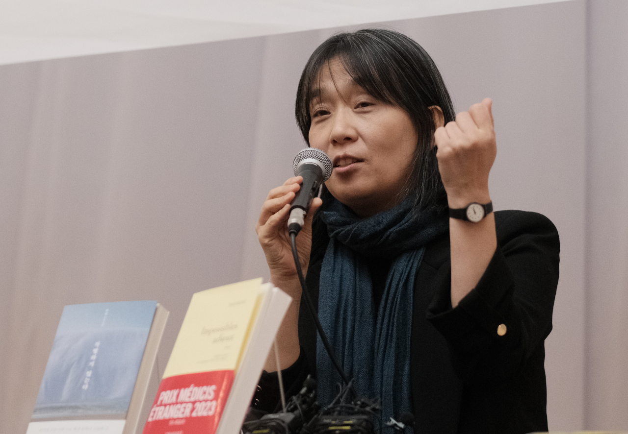 Han Kang speaks at a press conference held in Yangcheon-gu, western Seoul, Tuesday. (Yonhap)