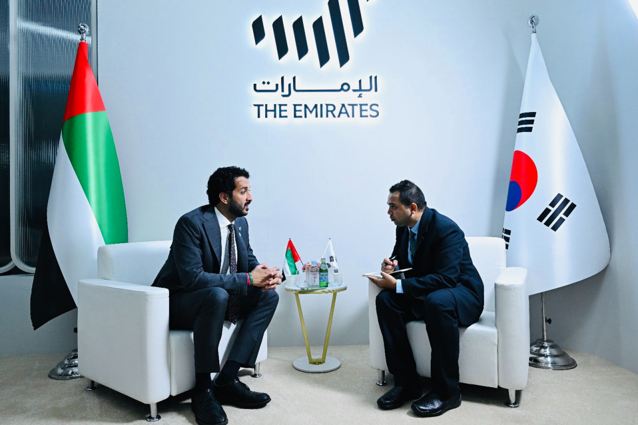 UAE's Economy Minister Abdulla Bin Touq Al Marri speaks in an interview with The Korea Herald at the UAE pavilion of COMEUP 2023 held at Dongdaemun Design Plaza in Jung-gu, Seoul on Thursday. (Im Se-jun/The Korea Herald)