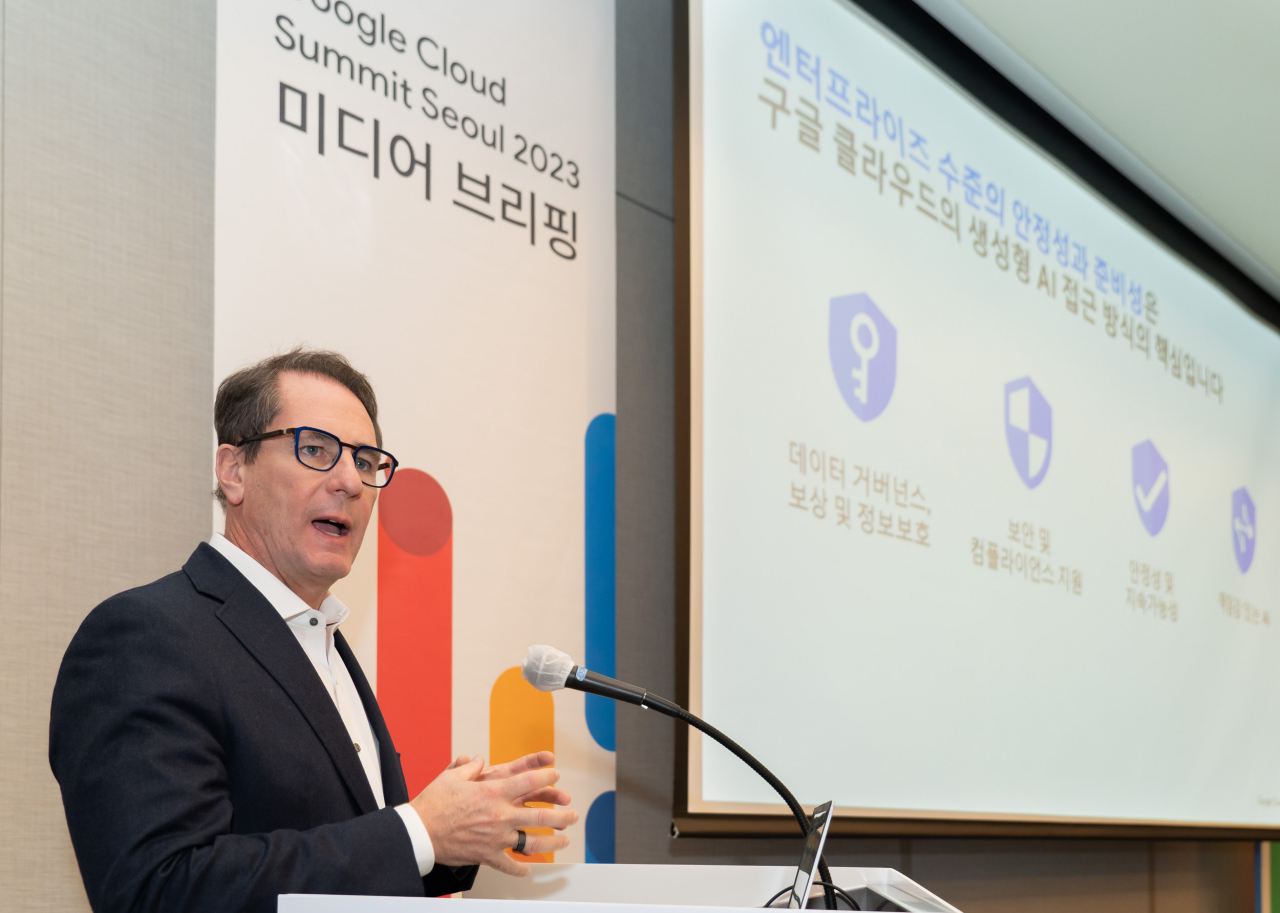 Philip Moyer, Google Cloud’s global vice president of AI business, speaks during a press conference in Seoul, Tuesday. (Google Cloud Korea)