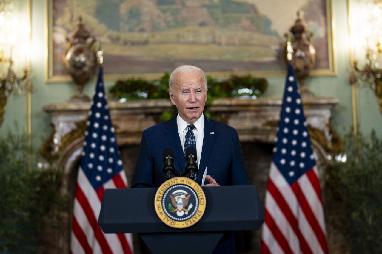 US President Joe Biden speaks during a press conference after talks with Chinese President Xi Jinping at the Filoli estate in Woodside, Calif., on Wednesday. (AP-Yonhap)