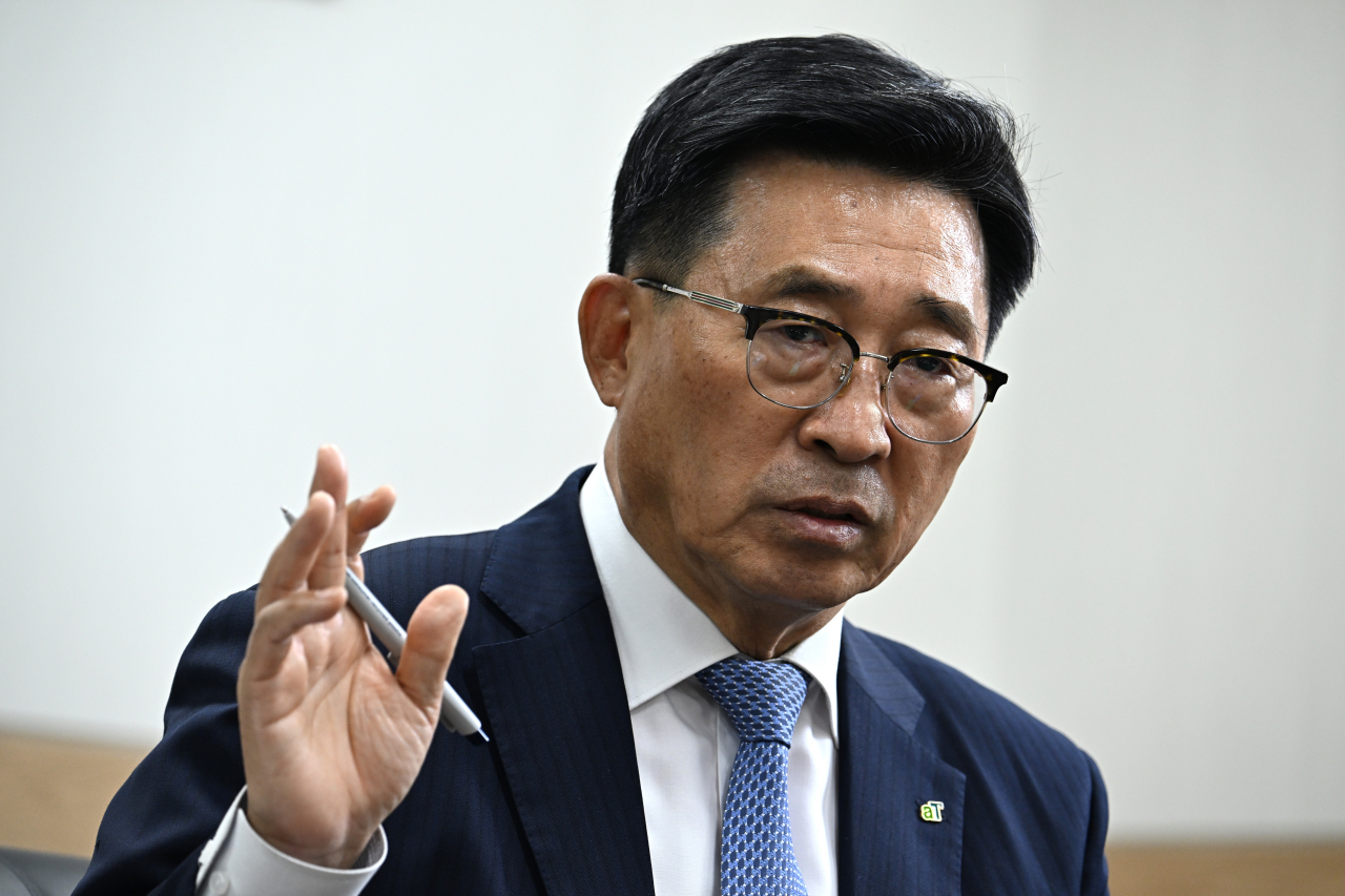 Kim Choon-jin, CEO of Korea Agro-Fisheries and Food Trade Corp., speaks during an interview with The Korea Herald at his office in Seoul on Monday. (Im Se-joon/The Korea Herald)