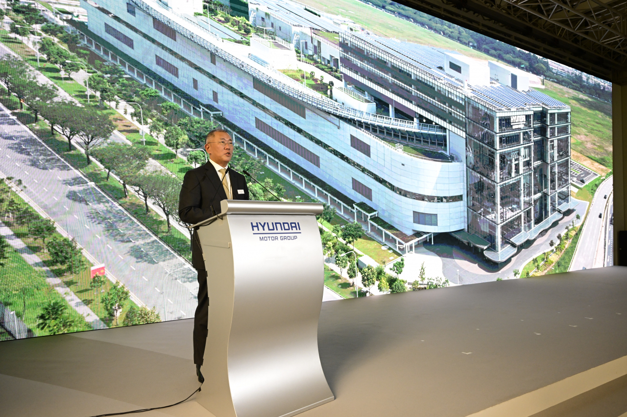 Hyundai Motor Group Executive Chair Chung Euisun speaks at the opening ceremony of the Hyundai Motor Group Innovation Center Singapore on Tuesday. (Hyundai Motor Group)