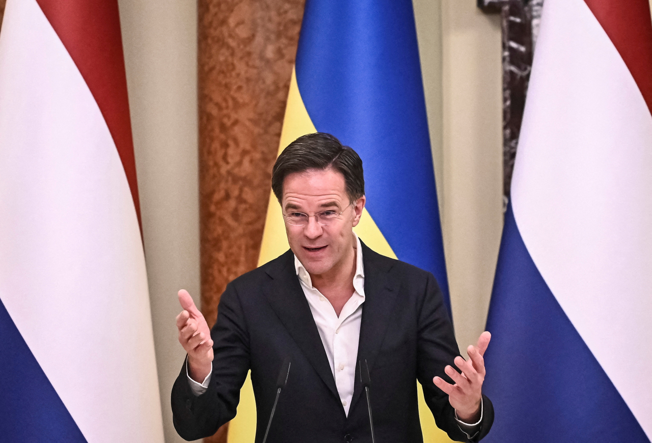 Netherlands' Prime Minister Mark Rutte attends a joint news briefing with Ukraine's President Volodymyr Zelenskiy (not pictured), amid Russia's attack on Ukraine, in Kyiv, Ukraine on Feb. 17. (Reuters-Yonhap)