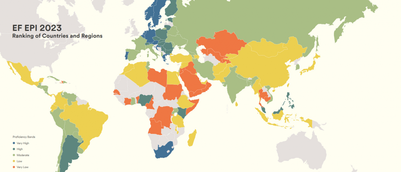 World map colored according to English proficiency level, based on EF EPI. (EF)