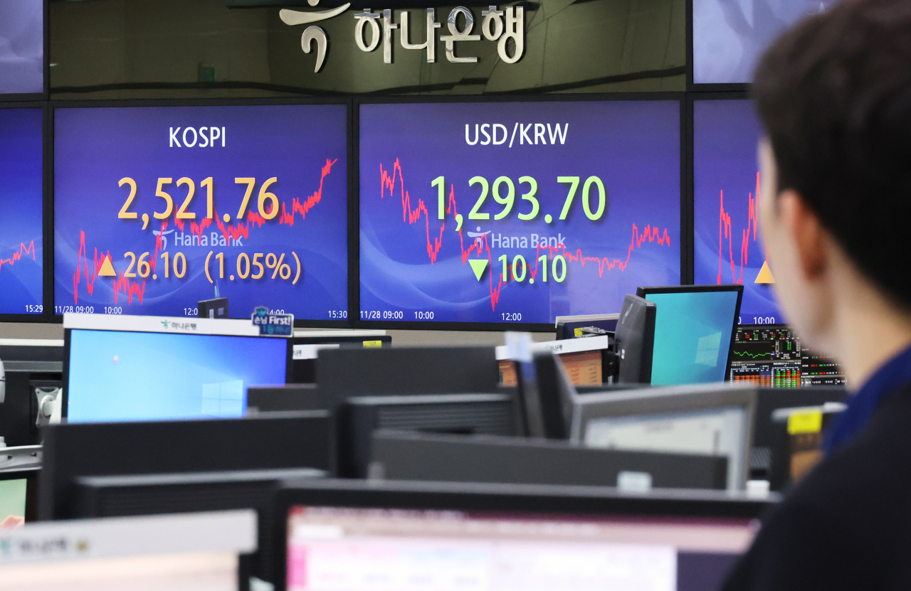 An electronic board shows Kospi movement at a dealing room of the Hana Bank headquarters in Seoul on Tuesday. (Yonhap)