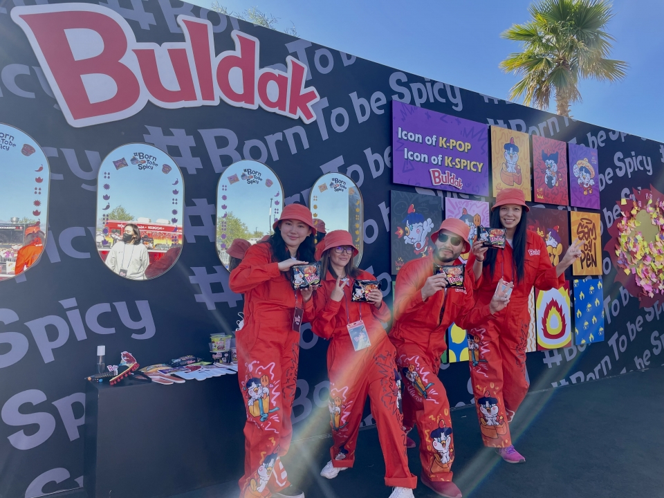 A promotional booth for the Buldak product lineup is set up on the sidelines of a concert by K-pop sensation BTS in Las Vegas in April 2022. (Samyang Roundsquare)