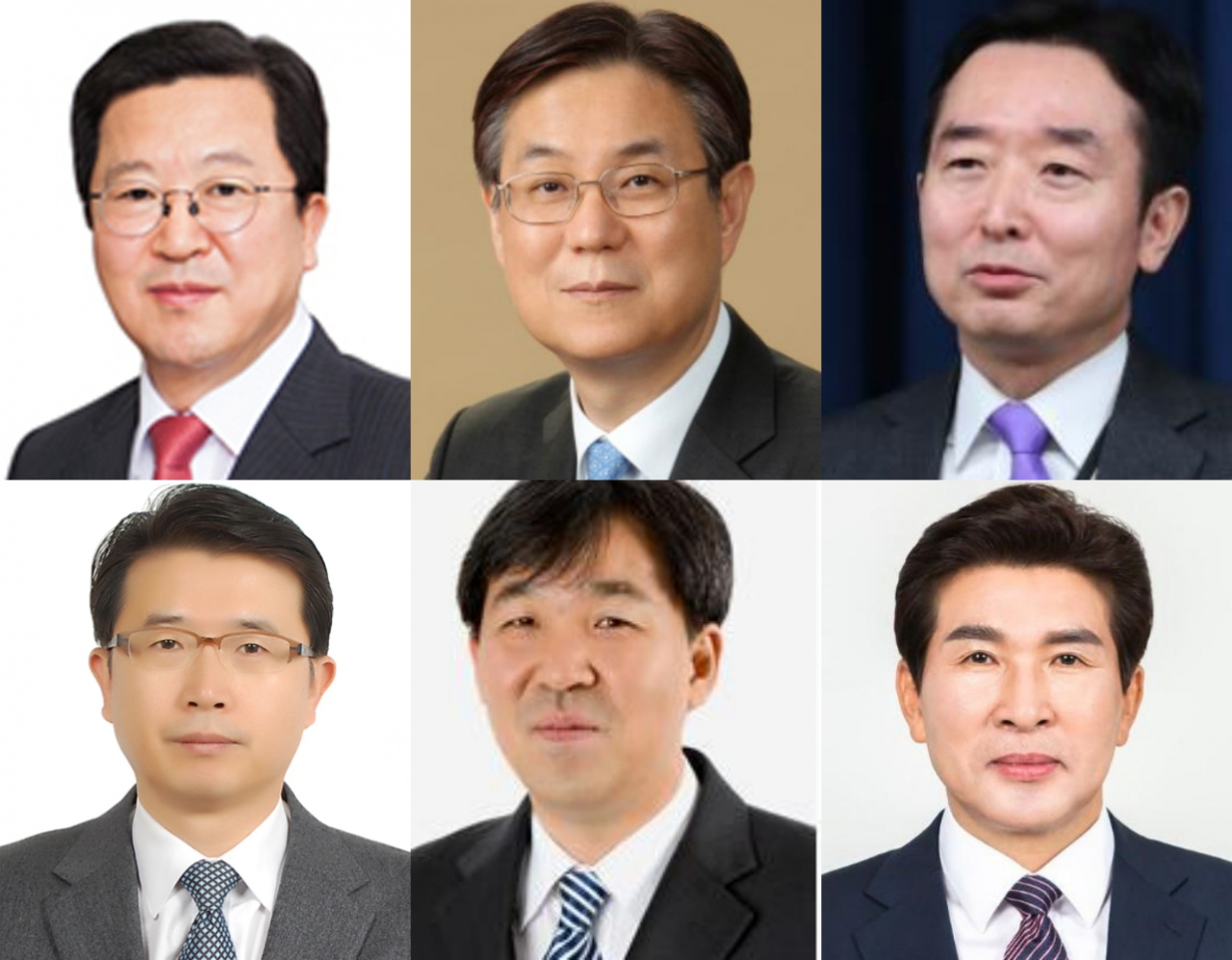 From top left, clockwise: Park, Chun-sup, nominee of senior secretary for economic affairs; Lee Kwan-sup, nominee of chief presidential secretary for policy; Lee Do-woon, nominee of senior secretary for public relations; Hwang Sang-moo, nominee of senior secretary for civil society; Han O-sub, nominee for senior secretary for political affairs; and Jang Sang-yoon, nominee of senior secretary for social affairs. (Presidential office)
