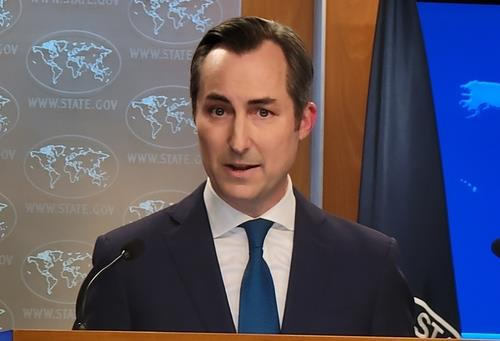 Matthew Miller, State Department spokesperson, speaks during a press briefing at the department in Washington on Oct. 30. (Yonhap)