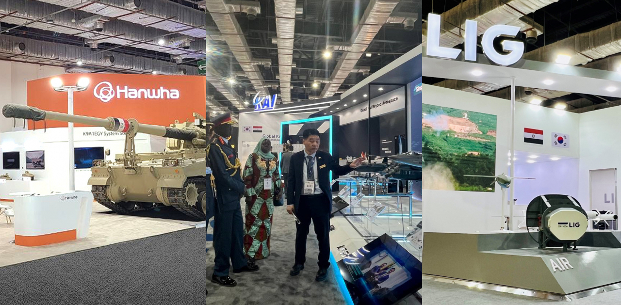 From left: Exhibition booths of Hanwha Aerospace, Korea Aerospace Industries and LIG Nex1 during the Egypt Defense Expo 2023, held at the Egypt International Exhibition Center in Cairo this week. (Provided by each company)