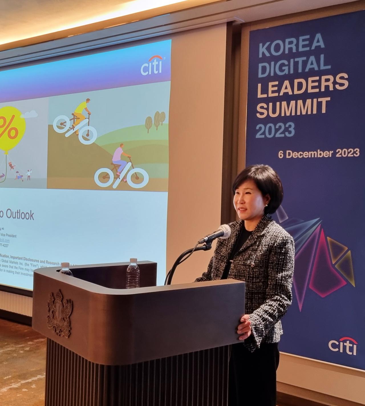 Citibank Korea CEO Yoo Myung-soon delivers a welcoming speech during the Korea Digital Leaders Summit 2023 held at a hotel in Seoul, Wednesday. (Citibank Korea)