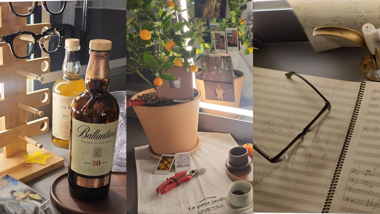 From left: Jazz pianist Yun Seok-cheol's favorite drinks and glasses frames , Lucid Fall's plant and tea cup display and Jung Jae-hyung's handwritten sheet music and glasses (Lee Jung-youn/The Korea Herald)