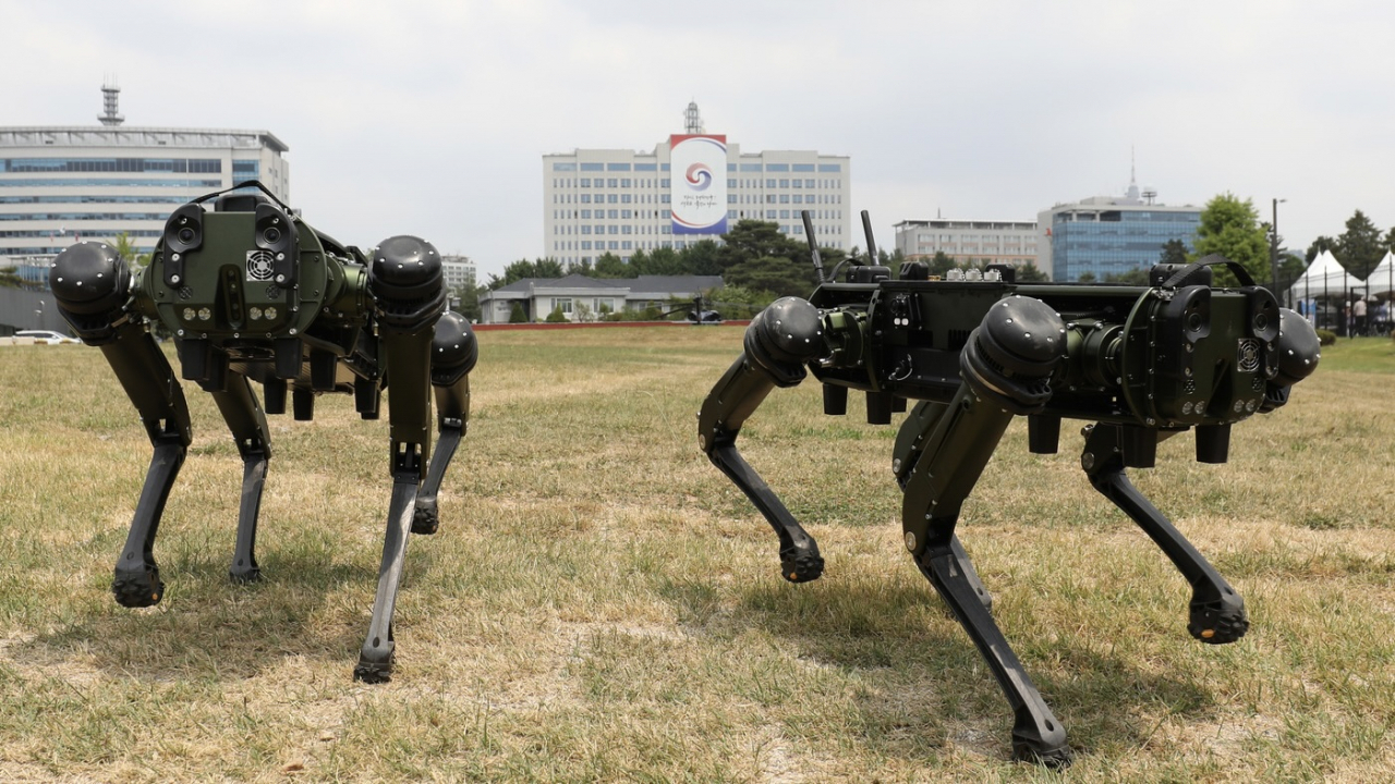 Quadruped robotic dogs are stationed on the lawn of Yongsan Park, near the presidential office in Seoul, as part of a pilot program in June. (Newsis)