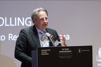 Danish Ambassador Svend Olling speaks at the 10-year anniversary of the Innovation Centre Denmark (ICDK) Room last week at Shilla Seoul in Jung-gu, Seoul. (Embassy of Denmark in Seoul)