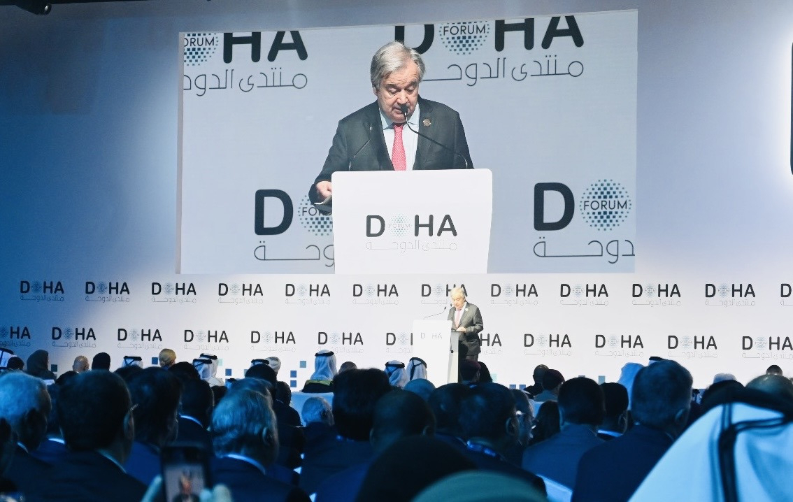 United Nations Secretary-General Antonio Guterres delivers remarks at the opening session of the Doha Forum at Sheraton Grand Doha Resort and Convention Hotel in Doha, Qatar on Sunday. (Sanjay Kumar/The Korea Herald)