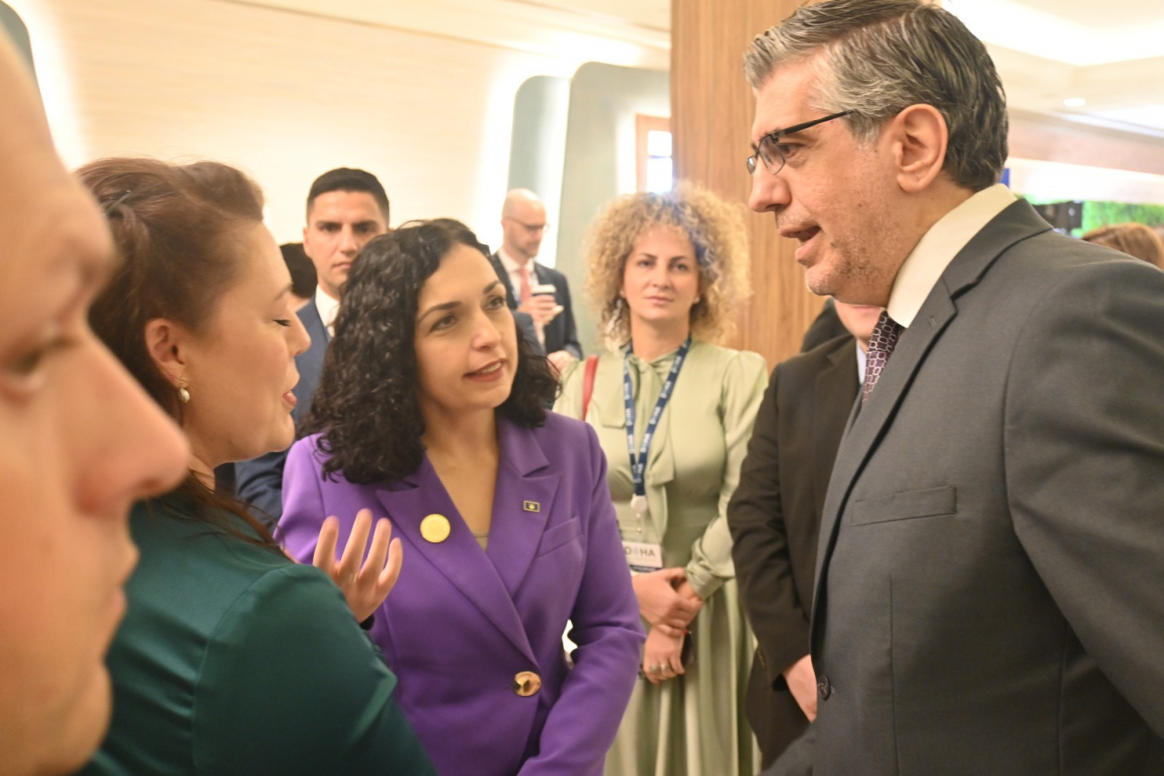 Kosovan President Vjosa Osmani(center) interacts with participants at the Doha Forum at Sheraton Grand Doha Resort and Convention Hotel in Doha, Qatar, on Sunday. (Sanjay Kumar/The Korea Herald)