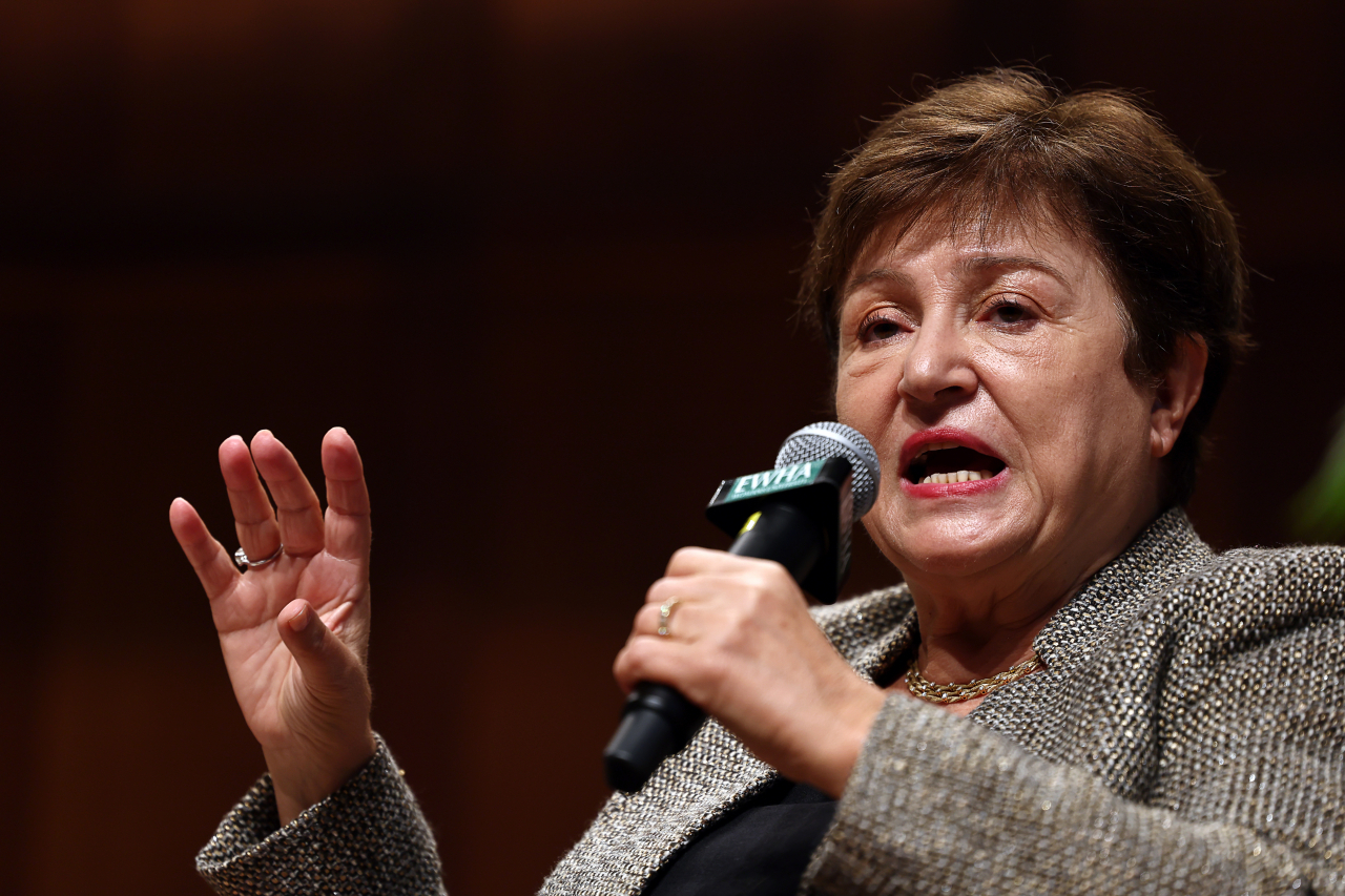 Kristalina Georgieva, managing director of the International Monetary Fund, speaks during an event held at Ewha Womans University in Seoul on Friday. (Yonhap)