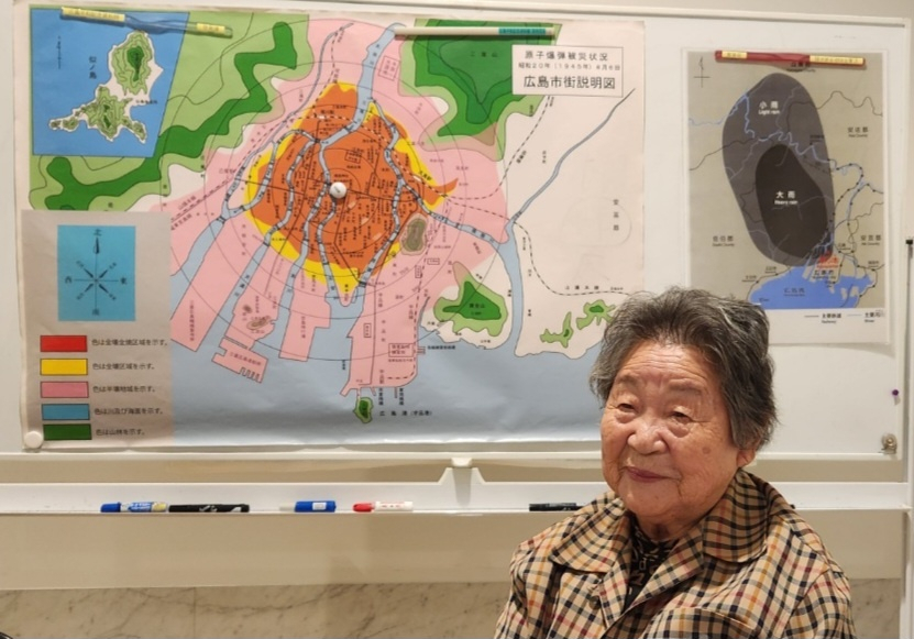 Park Nam-joo, a Korean Japanese woman who survived the 1945 Hiroshima atomic bombing, speak during an interview with reporters at the Hiroshima Peace Memorial Museum in Hiroshima, Japan, Dec. 3. (Joint Press Corps)