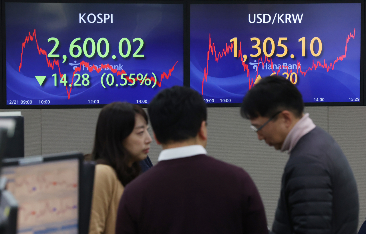 Electronic signboards at the trading room of Hana Bank in Seoul show Kospi closing at 2,600.02 points, Korean won against the US dollar at 1,305.1 won, Thursday. (Yonhap)